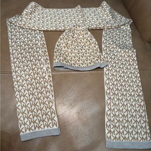 Michael Kors Tan and White MK Pattern Scarf and Hat Set